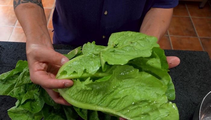 Cocinar la lechuga romana: lavar y cortar la lechuga. Aderezar con la vinagreta César. Hornear la lechuga cubierta con papel aluminio a 180°C durante 7-8 minutos.