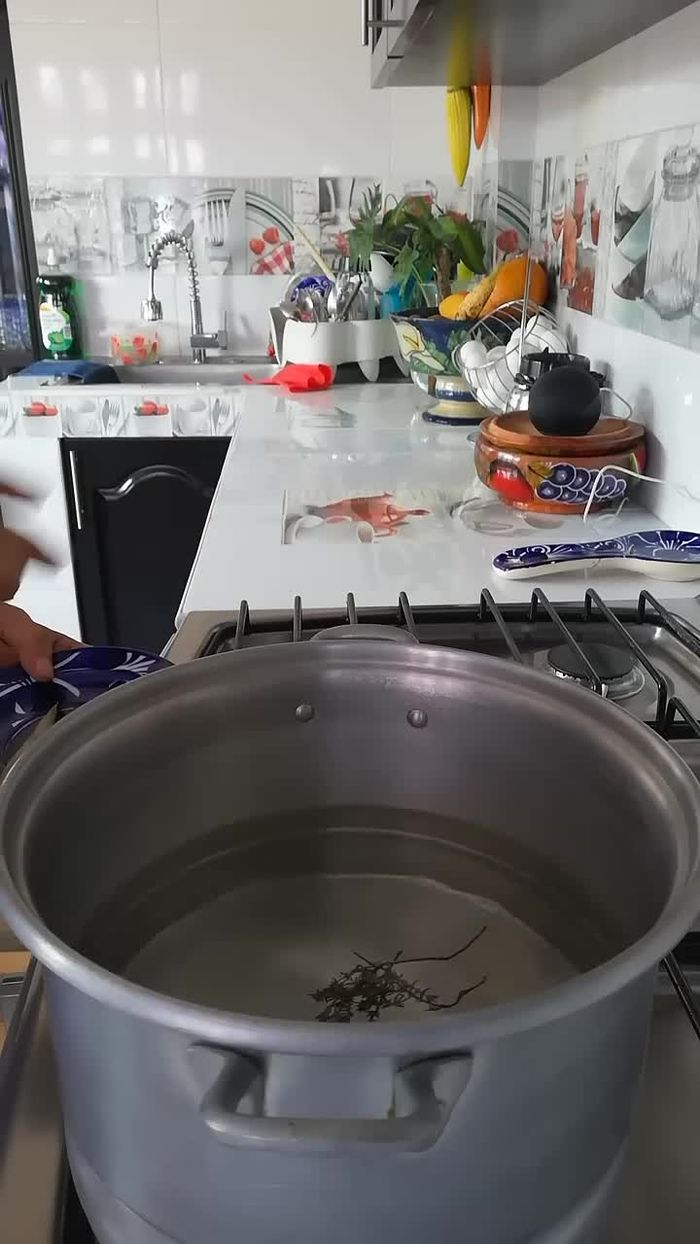 Calentar agua en una olla. Agregar tomillo, 2 hojas de laurel y sal al gusto. Dejar hervir durante 10 minutos para que las hierbas aromáticas suelten su sabor (0.599).