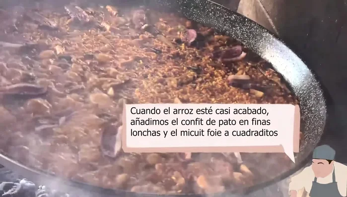 Casi al final de la cocción, añadir el confit de pato cortado en lonchas finas y el magret en cuadraditos.