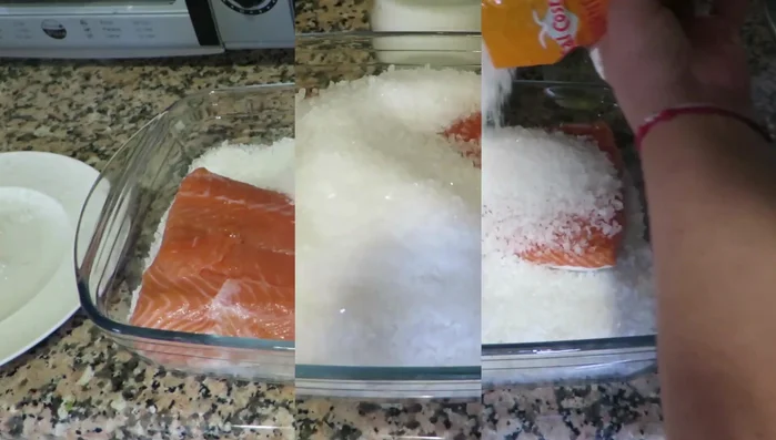 Cubre completamente el salmón con la mezcla de sal, incluyendo los laterales.